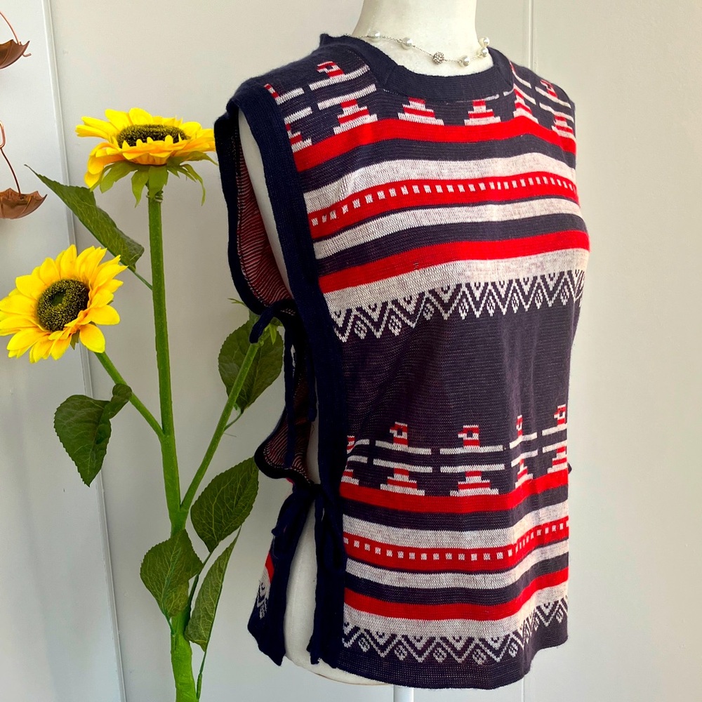 Vintage 70s Red, White, and Blue Tribal Print Open Side Tie Close Knit Top
